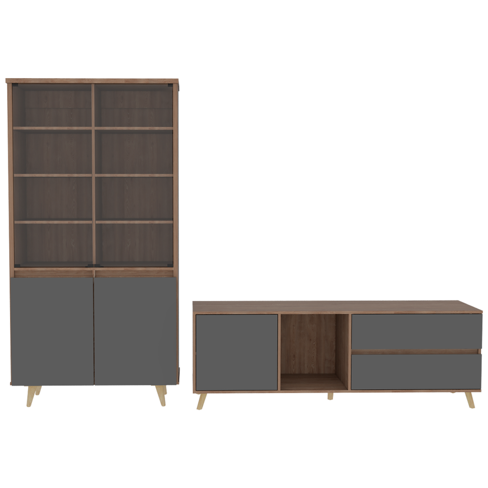 Rack TV + Vitrina Salem Color Miel y Plomo Para Sala De Estar